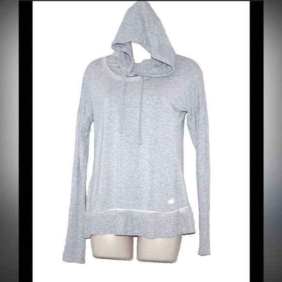 Alo Light Gray Mock Neck Lightweight Mesh Trim CrissCross Hoodie Sweater medium - Picture 1 of 7
